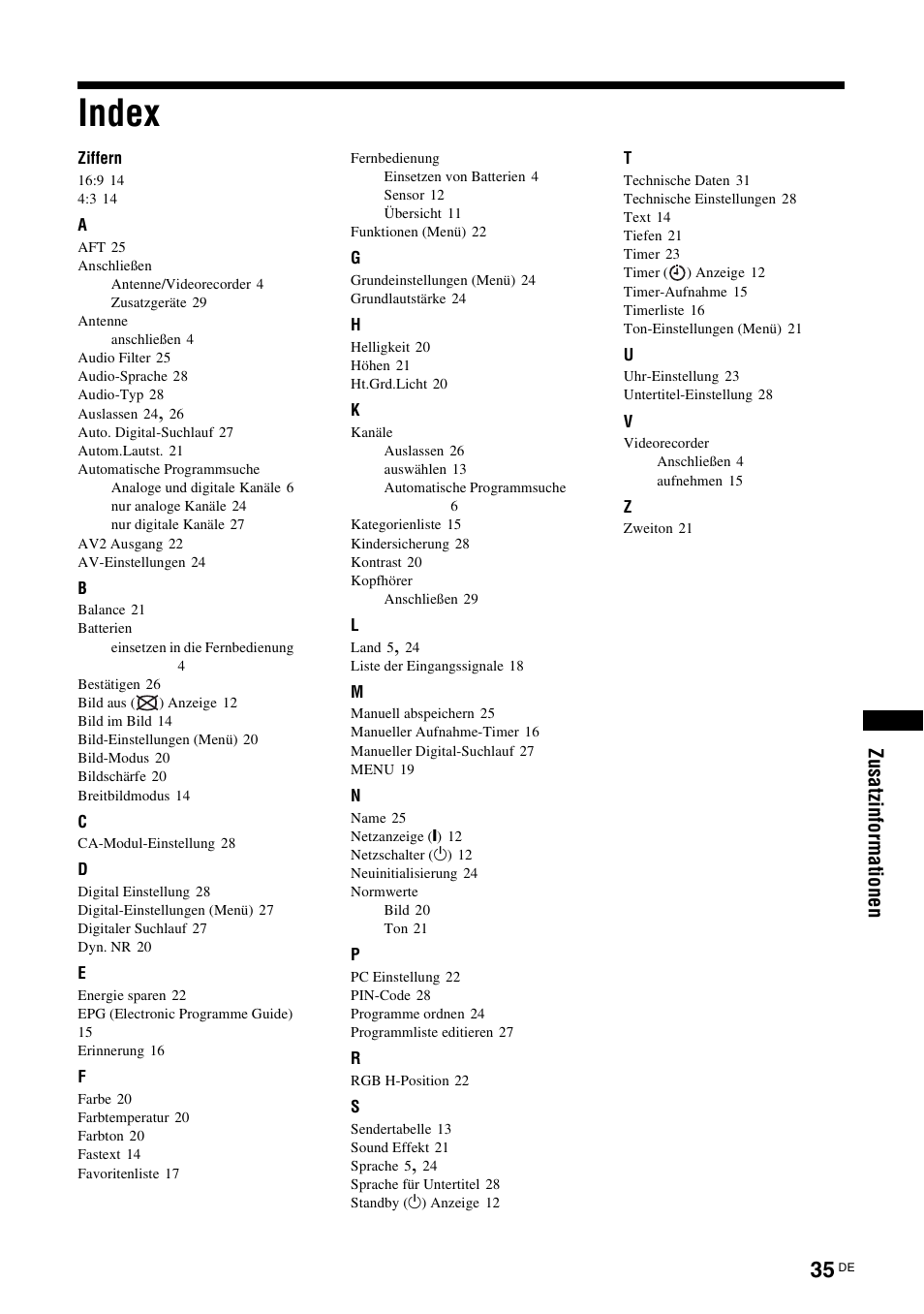 Index, Zu sat zi nfo rmat io nen | Sony KDL-15G2000 User Manual | Page 35 / 140