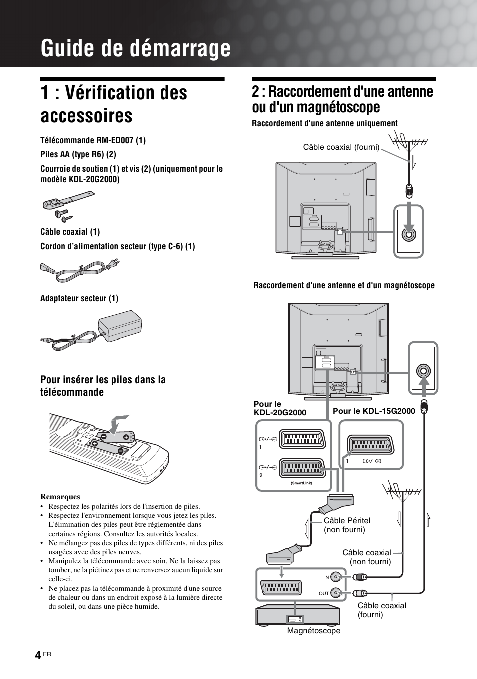 Guide de démarrage, 1 : vérification des accessoires | Sony KDL-15G2000 User Manual | Page 38 / 140