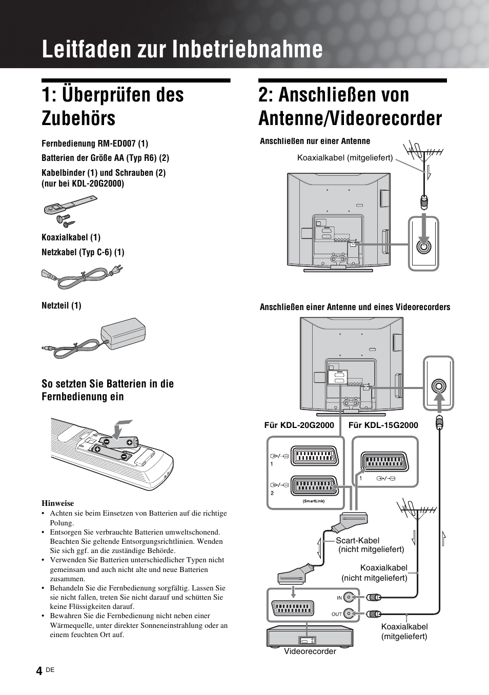 Leitfaden zur inbetriebnahme, Überprüfen des zubehörs, Anschließen von antenne/videorecorder | Sony KDL-15G2000 User Manual | Page 4 / 140
