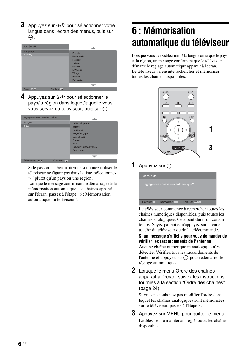 6 : mémorisation automatique du téléviseur | Sony KDL-15G2000 User Manual | Page 40 / 140