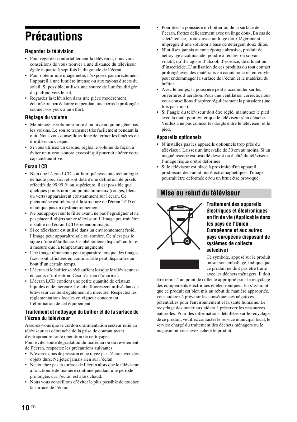 Précautions, Mise au rebut du téléviseur | Sony KDL-15G2000 User Manual | Page 44 / 140