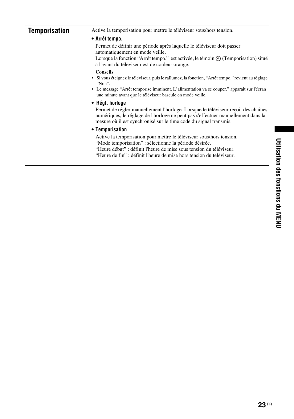 Temporisation | Sony KDL-15G2000 User Manual | Page 57 / 140