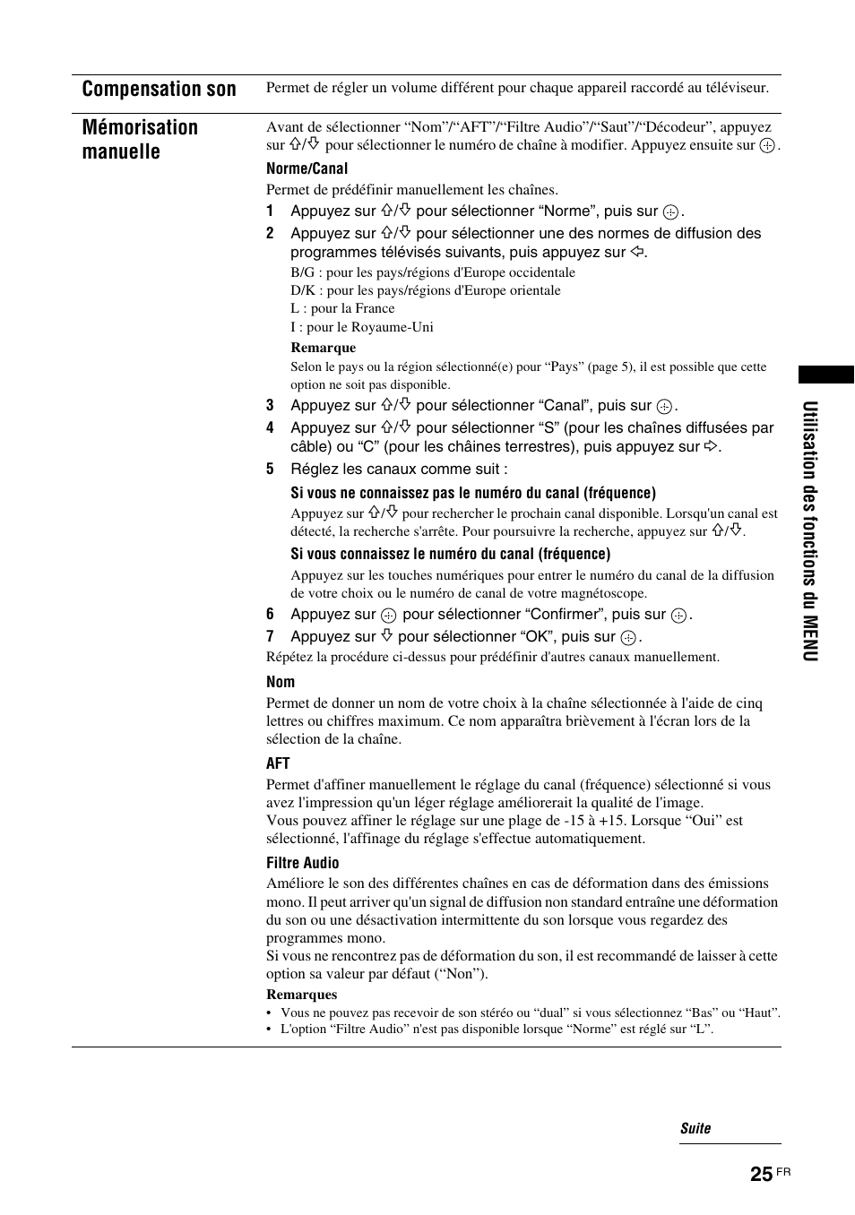 Compensation son, Mémorisation manuelle | Sony KDL-15G2000 User Manual | Page 59 / 140