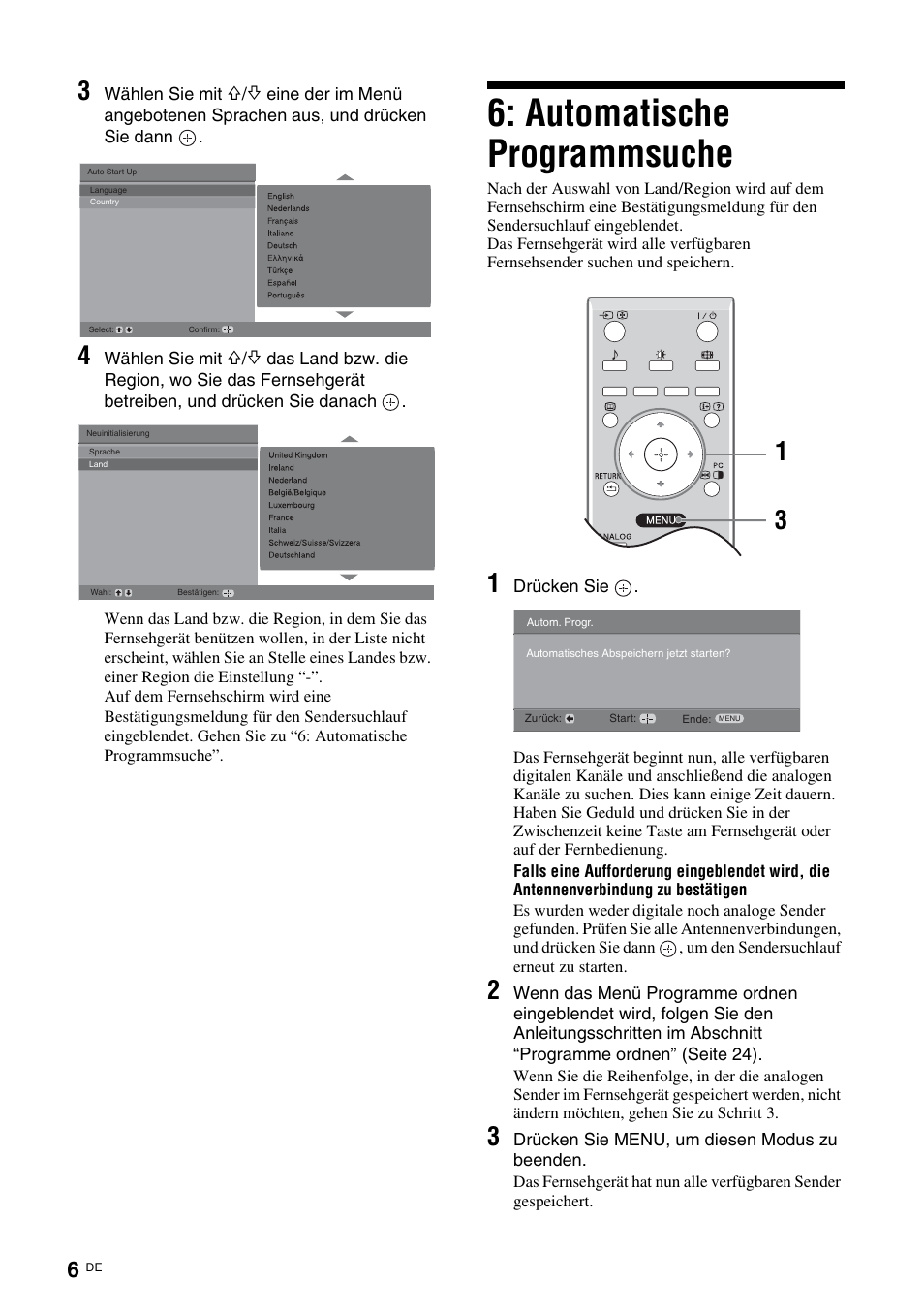 Automatische programmsuche | Sony KDL-15G2000 User Manual | Page 6 / 140