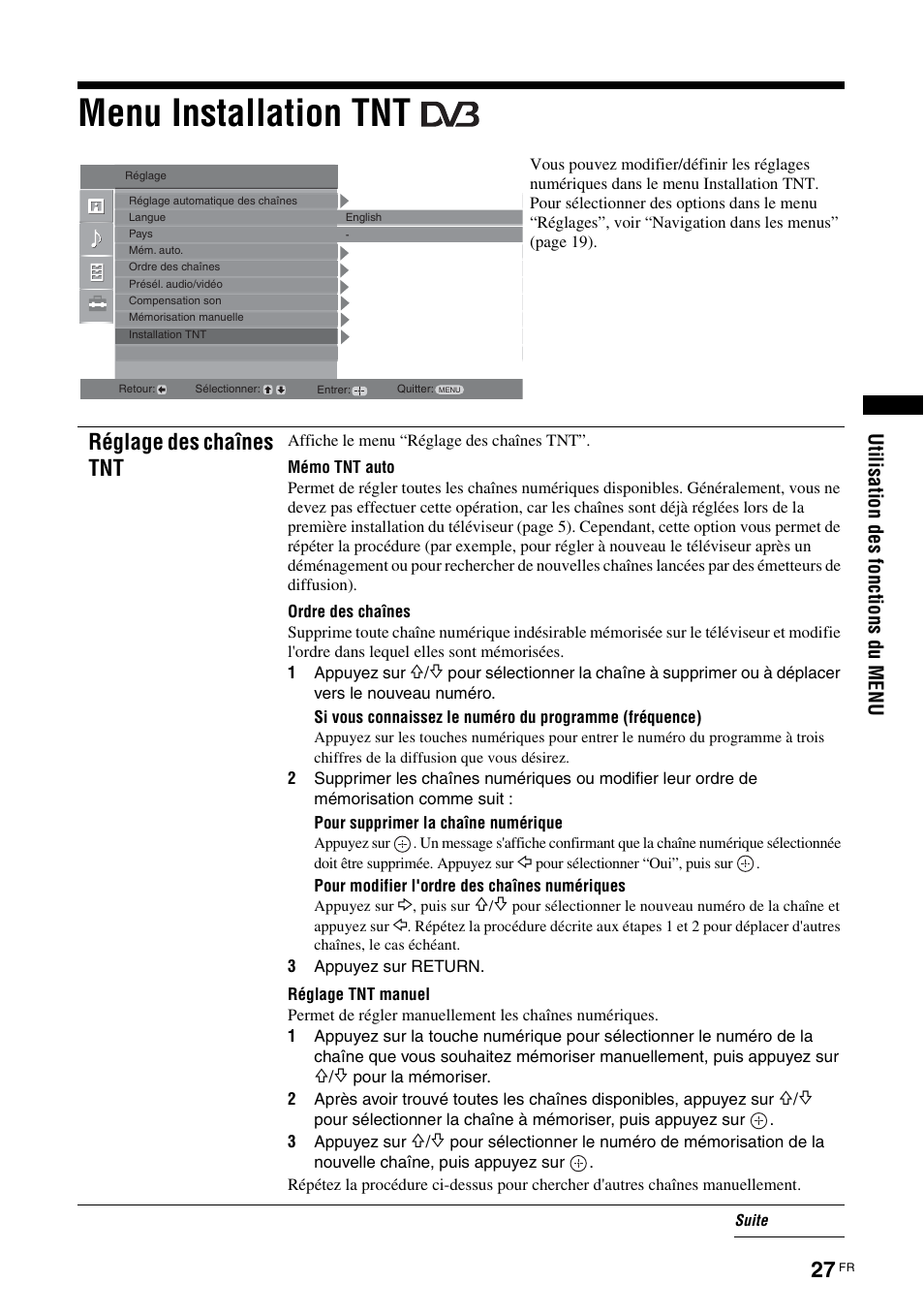 Menu installation tnt, Réglage des chaînes tnt | Sony KDL-15G2000 User Manual | Page 61 / 140