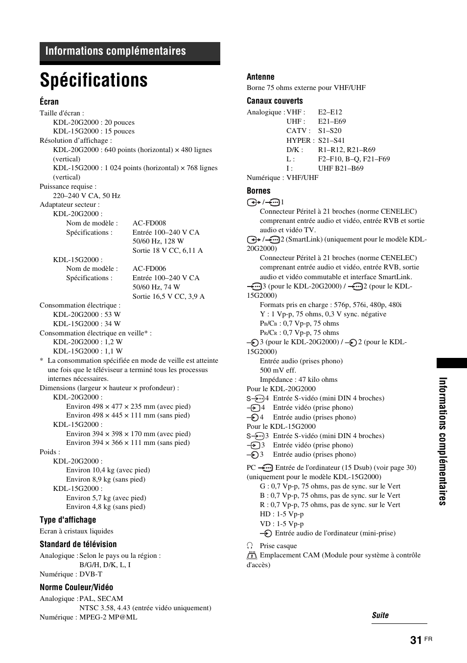 Informations complémentaires, Spécifications | Sony KDL-15G2000 User Manual | Page 65 / 140