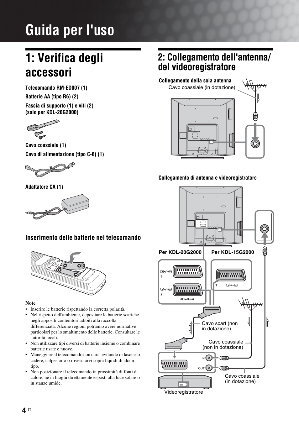Guida per l'uso, Verifica degli accessori, Collegamento dell'antenna/ del videoregistratore | Sony KDL-15G2000 User Manual | Page 72 / 140