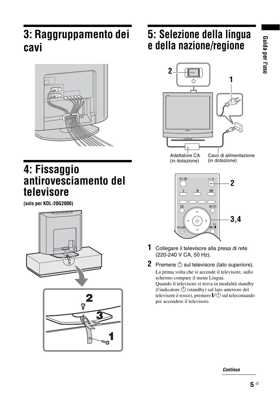 Selezione della lingua e della nazione/regione | Sony KDL-15G2000 User Manual | Page 73 / 140