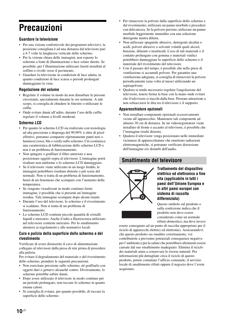 Precauzioni, Smaltimento del televisore | Sony KDL-15G2000 User Manual | Page 78 / 140