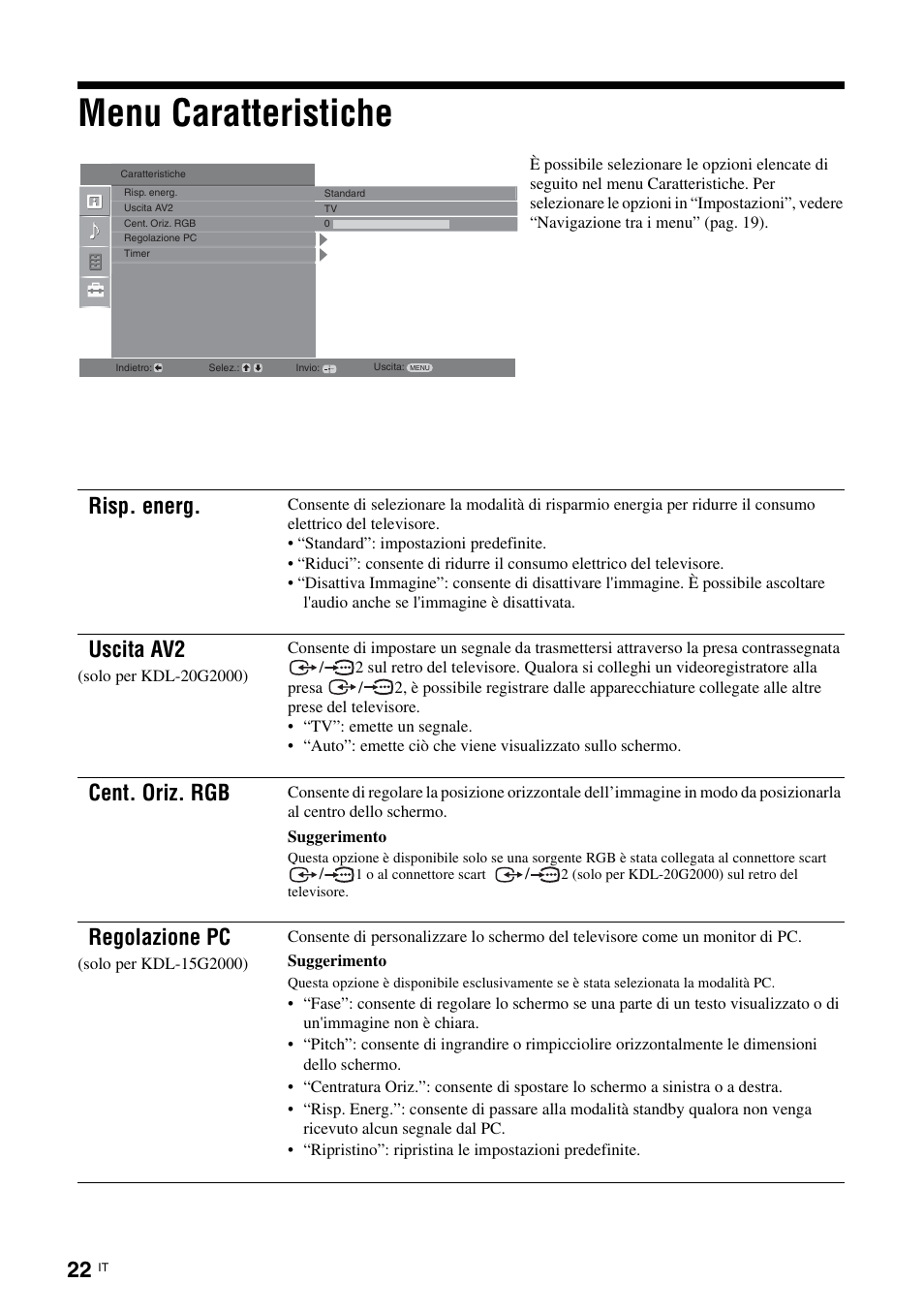 Menu caratteristiche, E (pag. 22), Risp. energ | Uscita av2, Cent. oriz. rgb, Regolazione pc | Sony KDL-15G2000 User Manual | Page 90 / 140