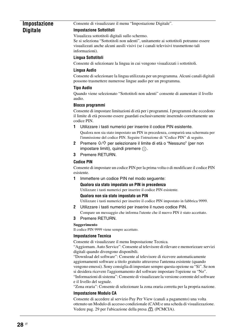 Impostazione digitale | Sony KDL-15G2000 User Manual | Page 96 / 140