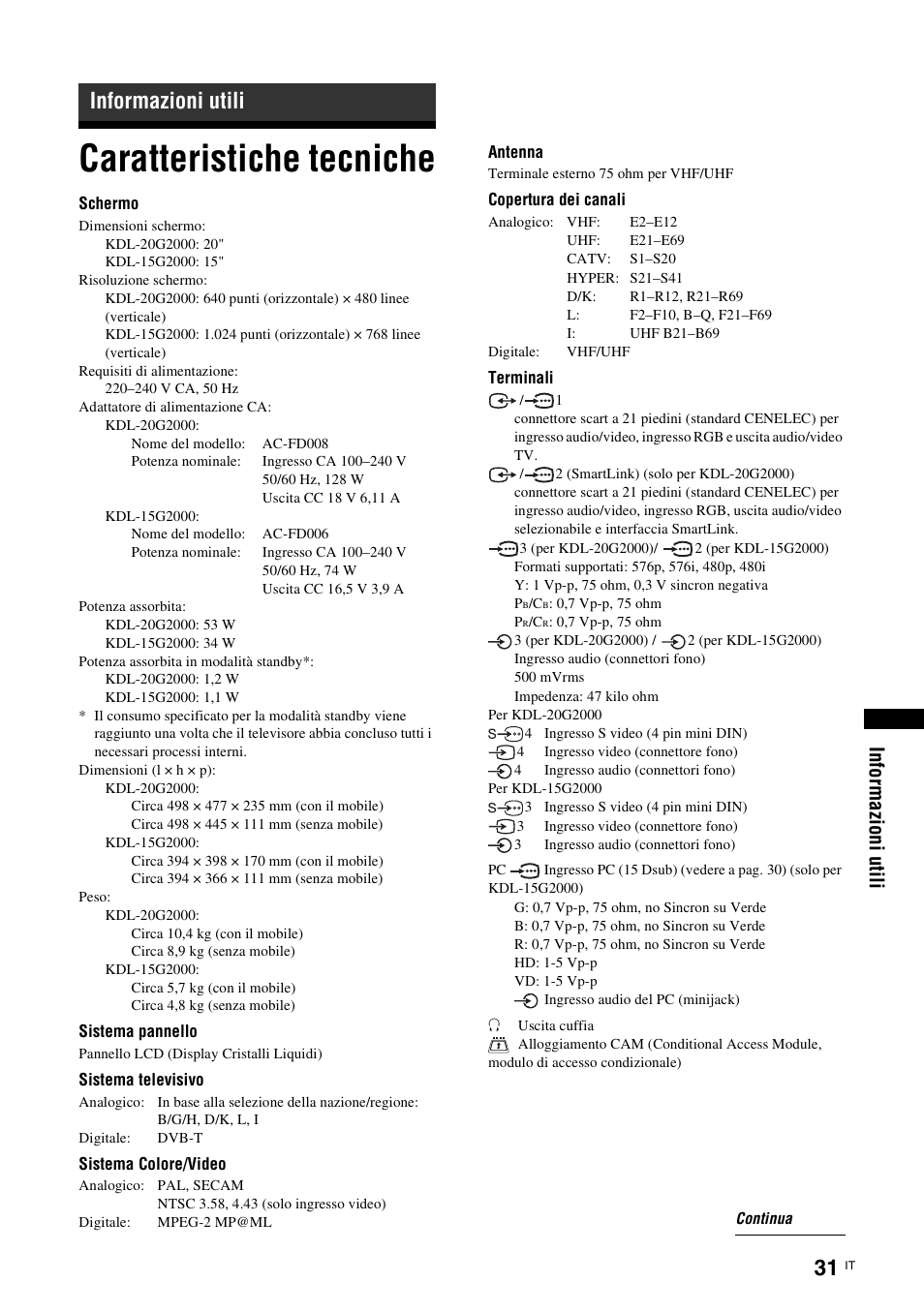 Informazioni utili, Caratteristiche tecniche | Sony KDL-15G2000 User Manual | Page 99 / 140
