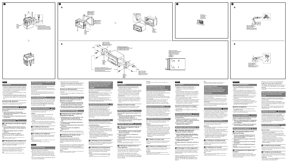 Ba a, Abnehmen der halterung ( ), Montieren des geräts ( ) | Precautions, Removing the bracket ( ), Mounting the unit ( ), Warning if your car’s ignition has no acc position, Fuse replacement ( ), Installing the microphone ( ), Sicherheitshinweise | Sony XSP-N1BT User Manual | Page 2 / 2