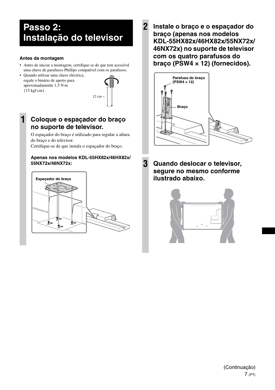 Passo 2: instalação do televisor, Passo 2: instalação do televisor 1 | Sony SU-B461S User Manual | Page 103 / 255