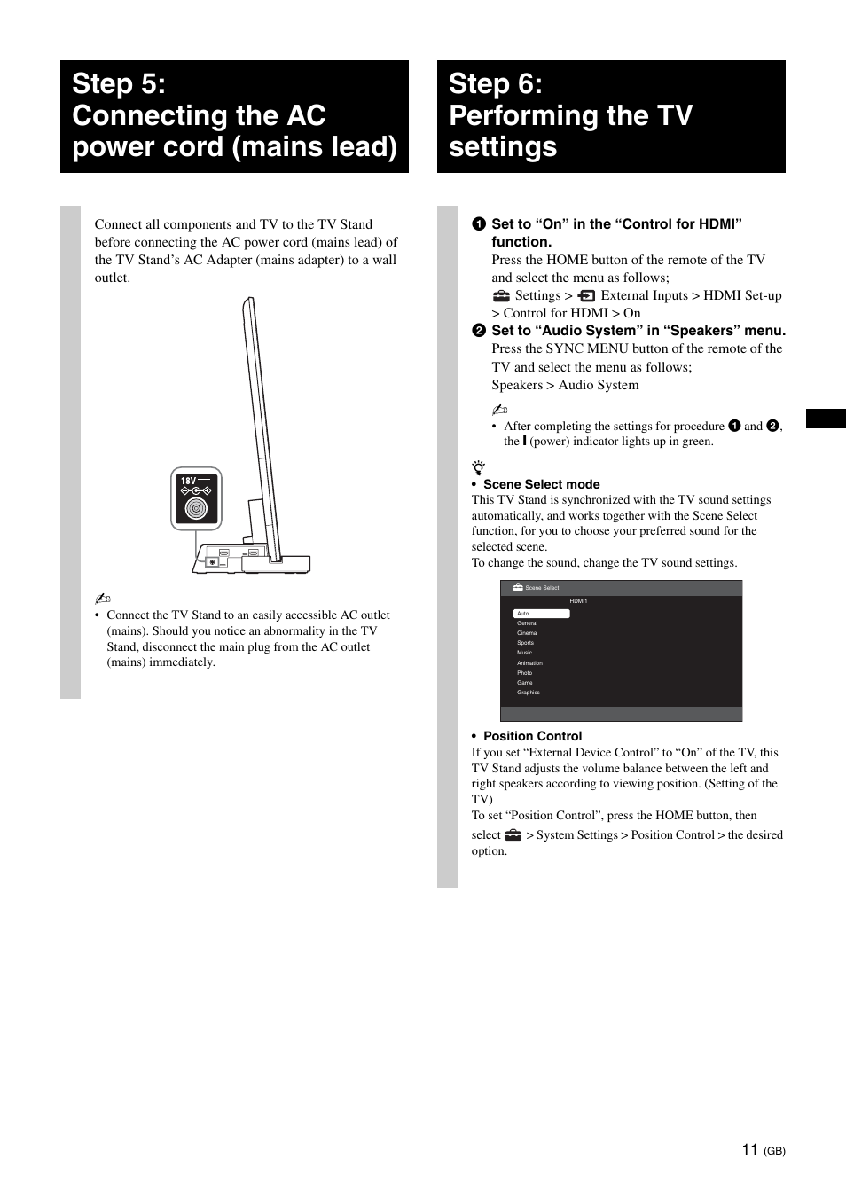 Step 5: connecting the ac power cord (mains lead), Step 6: performing the tv settings | Sony SU-B461S User Manual | Page 11 / 255
