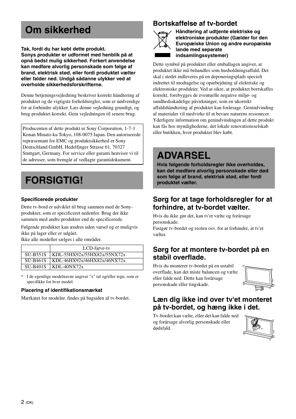 Om sikkerhed, Forsigtig, Advarsel | Bortskaffelse af tv-bordet | Sony SU-B461S User Manual | Page 110 / 255