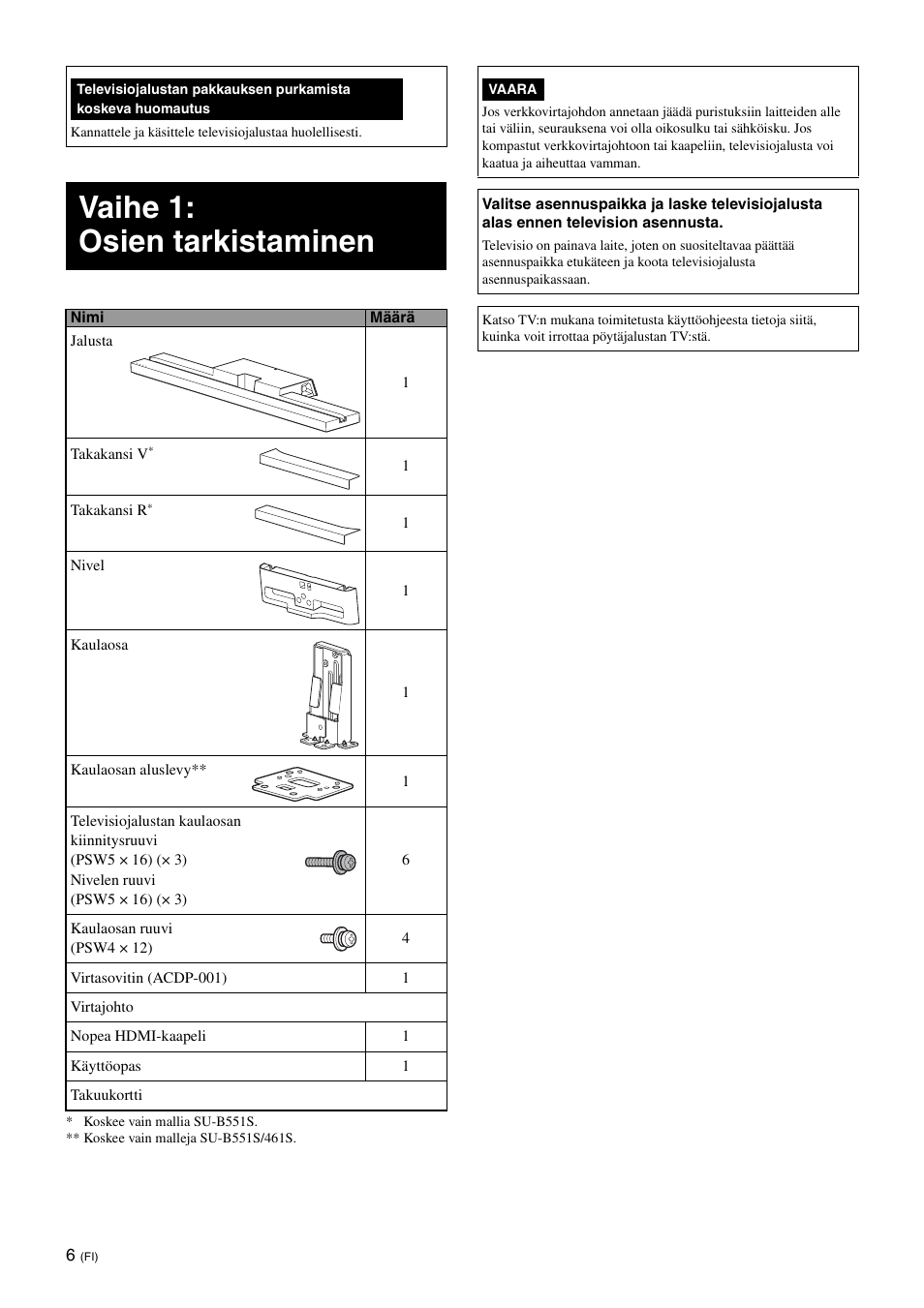 Vaihe 1: osien tarkistaminen | Sony SU-B461S User Manual | Page 126 / 255
