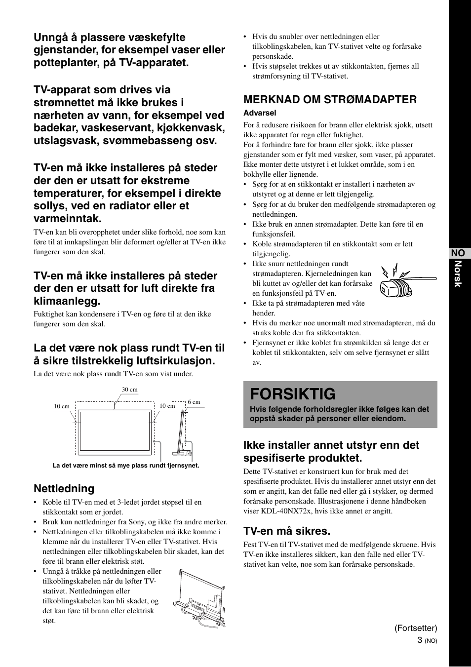 Forsiktig, Nettledning, Merknad om strømadapter | Tv-en må sikres | Sony SU-B461S User Manual | Page 135 / 255