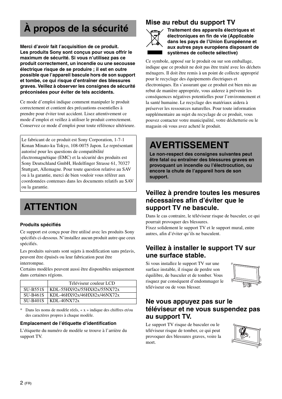 À propos de la sécurité, Attention, Avertissement | Mise au rebut du support tv | Sony SU-B461S User Manual | Page 14 / 255