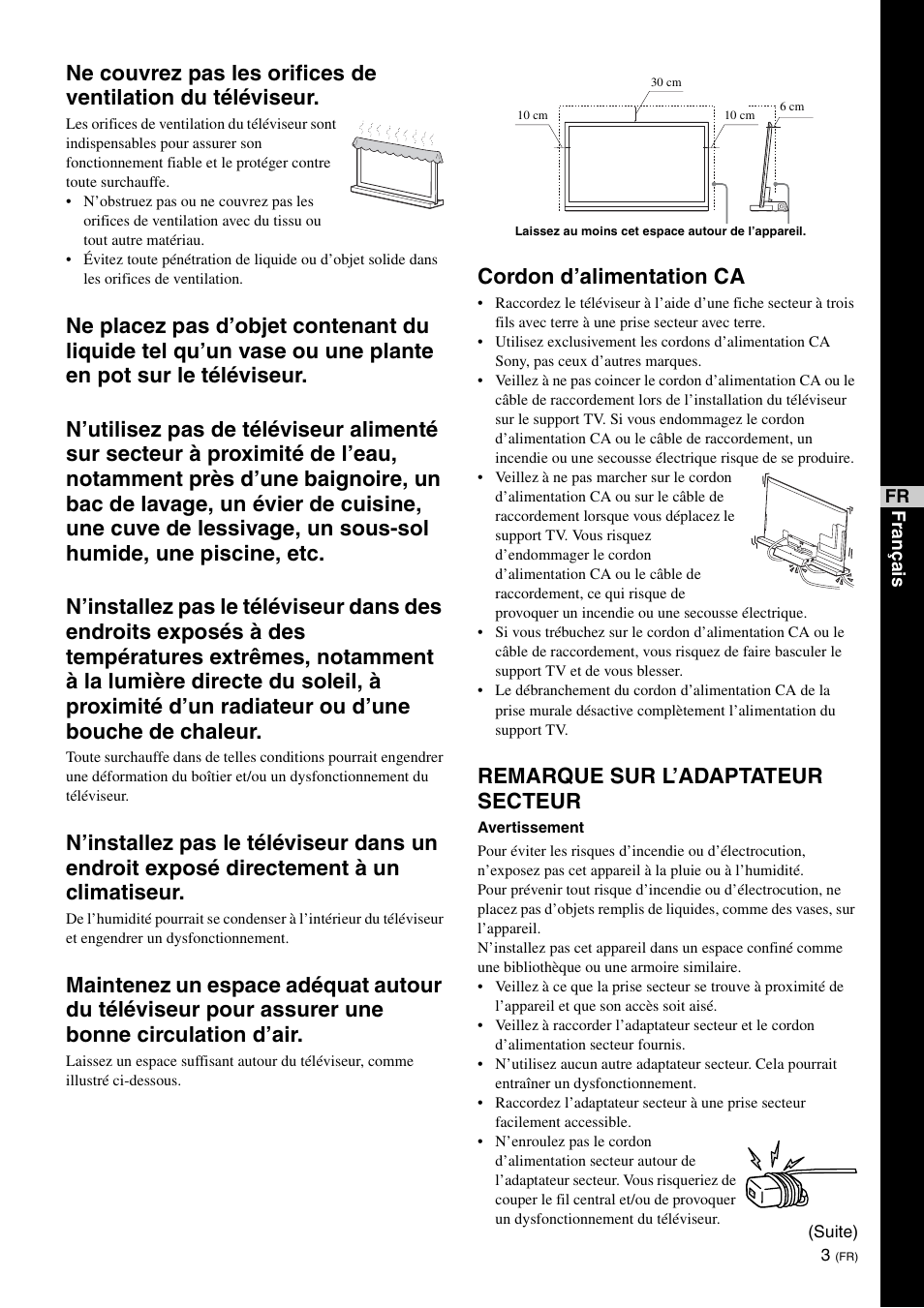 Cordon d’alimentation ca, Remarque sur l’adaptateur secteur | Sony SU-B461S User Manual | Page 15 / 255