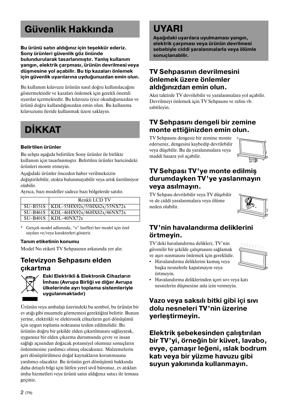 Güvenlik hakkında, Dikkat, Uyari | Güvenlik hakkında dikkat, Televizyon sehpasını elden çıkartma, Tv’nin havalandırma deliklerini örtmeyin | Sony SU-B461S User Manual | Page 160 / 255