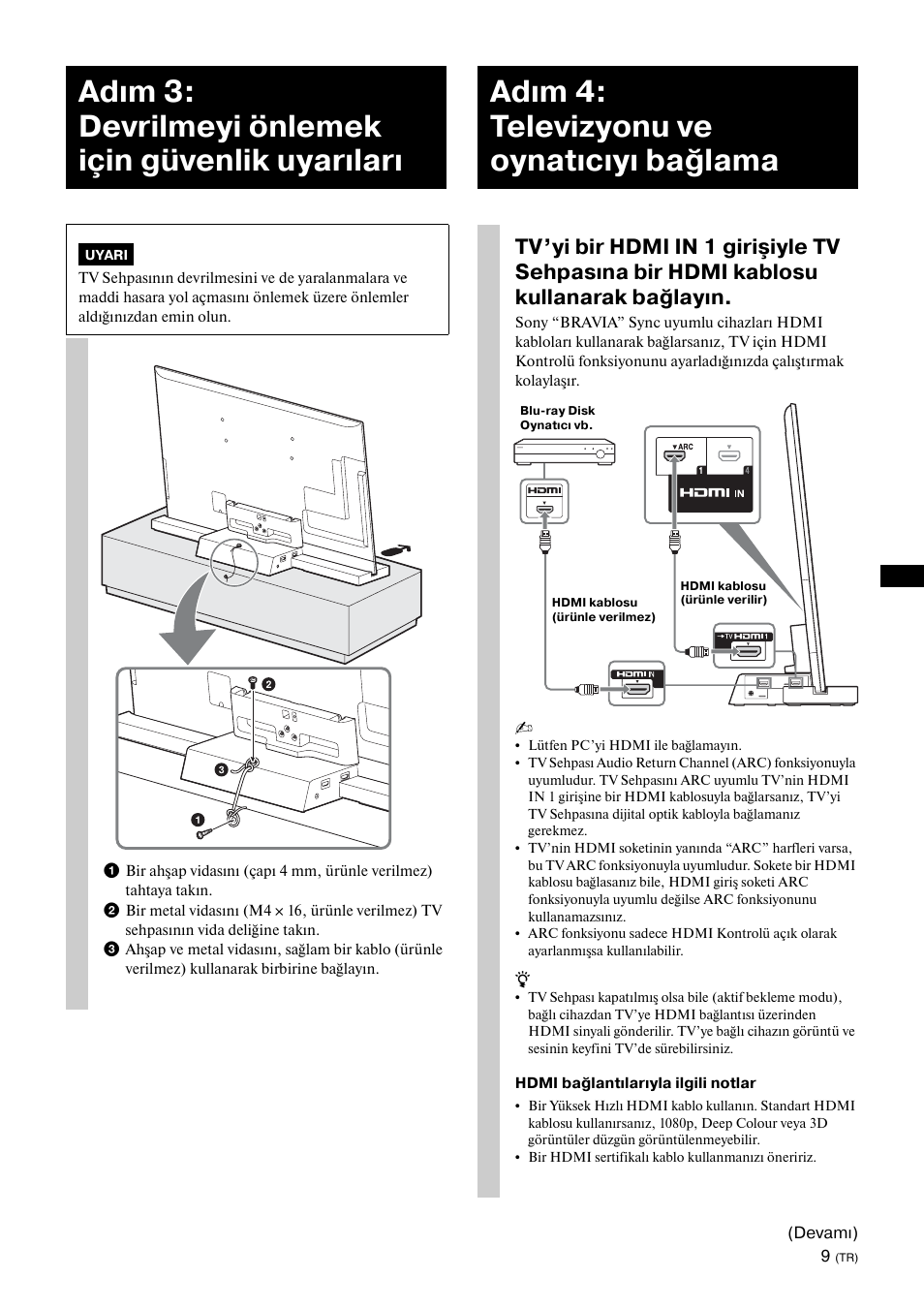 Adım 3: devrilmeyi önlemek için güvenlik uyarıları, Adım 4: televizyonu ve oynatıcıyı bağlama | Sony SU-B461S User Manual | Page 167 / 255