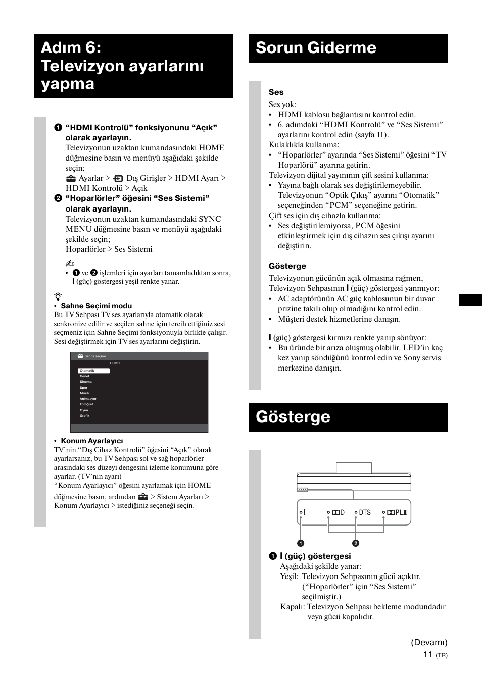 Adım 6: televizyon ayarlarını yapma, Sorun giderme, Gösterge | Sony SU-B461S User Manual | Page 169 / 255