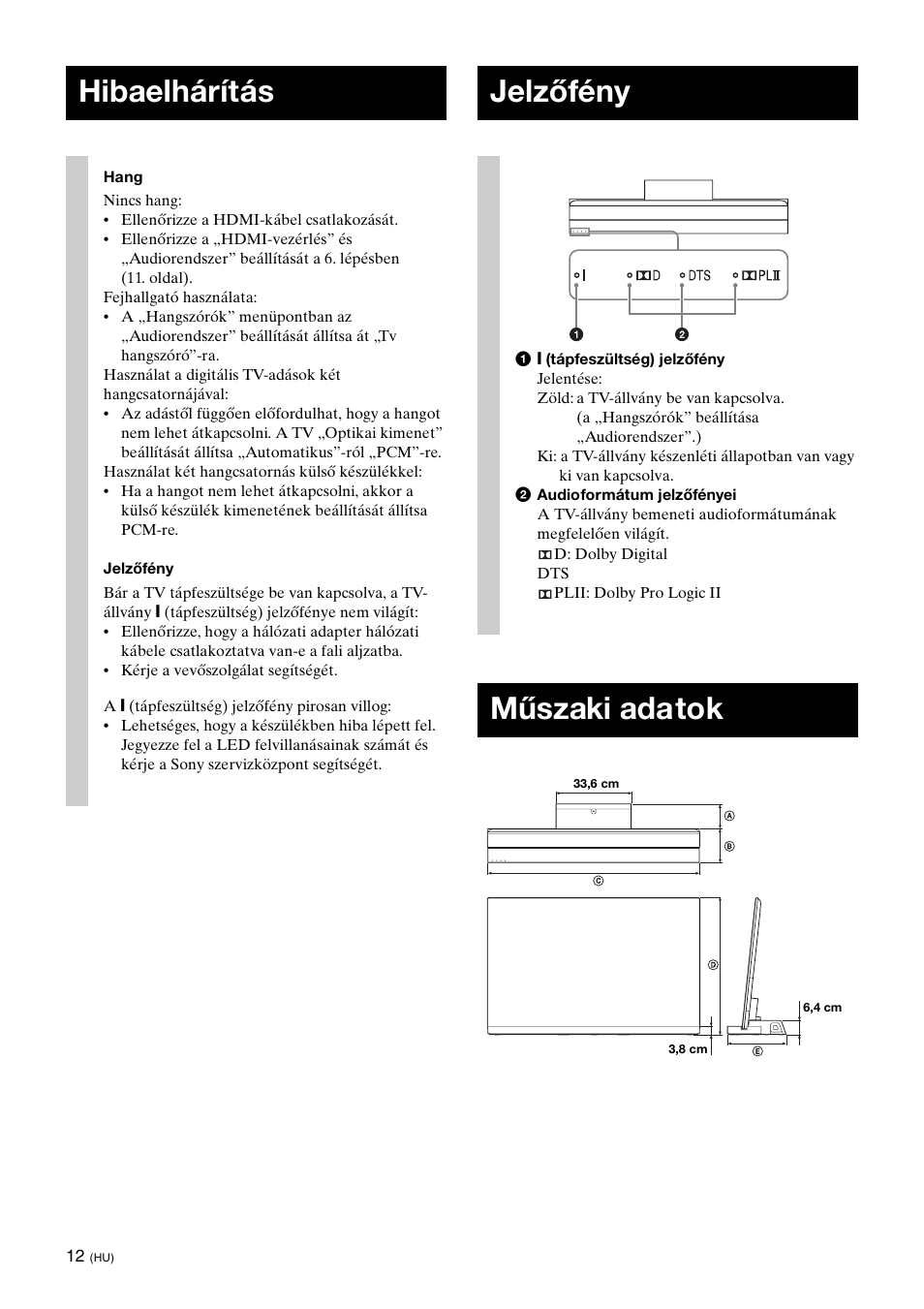 Hibaelhárítás, Jelzőfény, Műszaki adatok | Sony SU-B461S User Manual | Page 182 / 255
