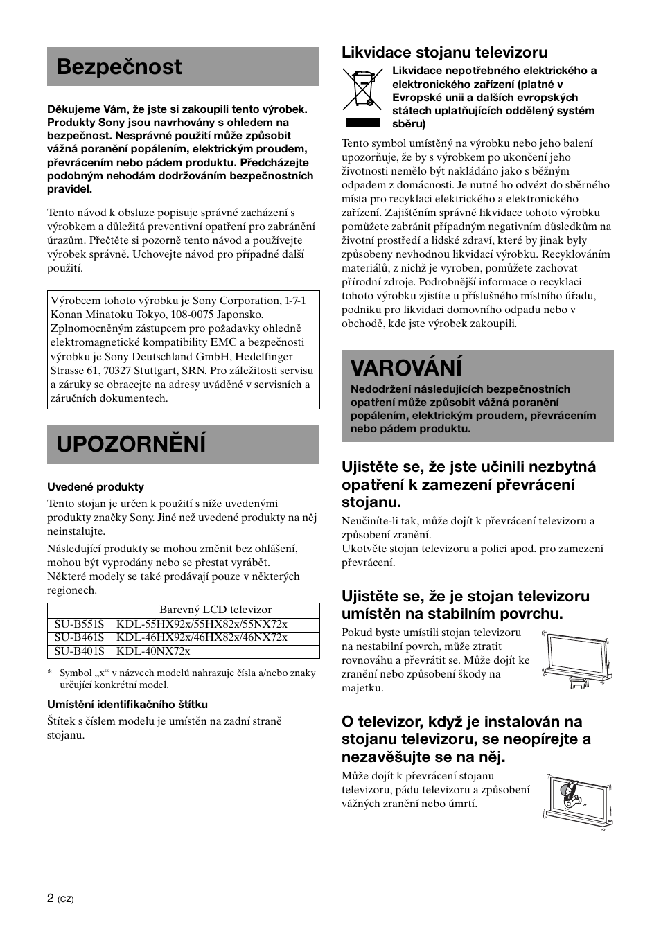 Bezpečnost, Upozornění, Varování | Likvidace stojanu televizoru | Sony SU-B461S User Manual | Page 184 / 255