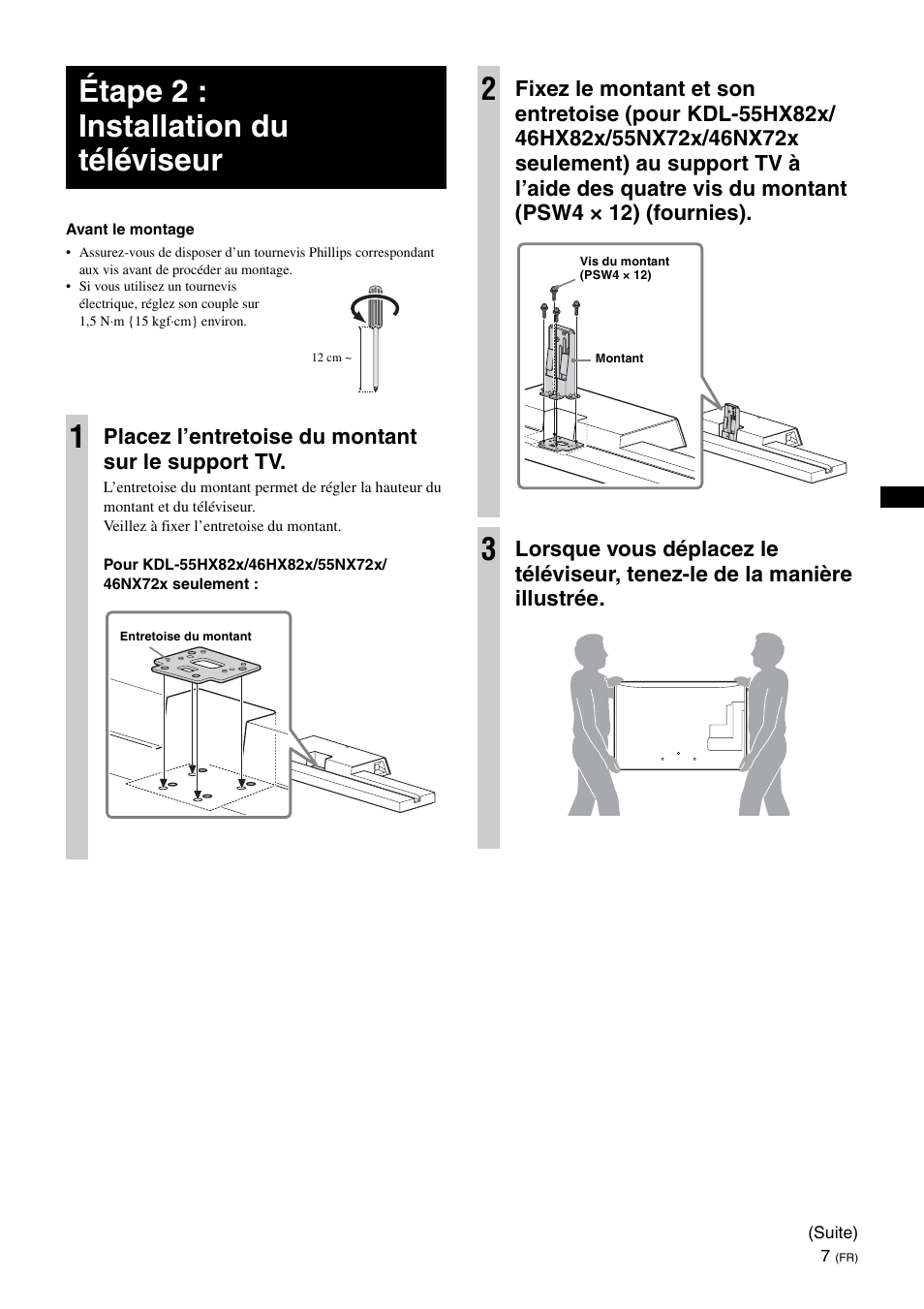 Étape 2 : installation du téléviseur, Étape 2 : installation du téléviseur 1, Placez l’entretoise du montant sur le support tv | Sony SU-B461S User Manual | Page 19 / 255