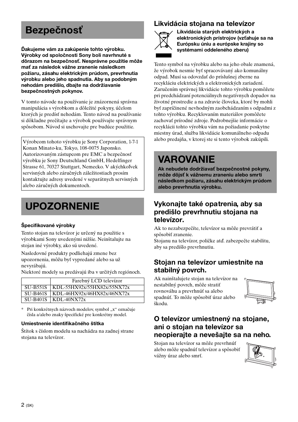 Bezpečnosť, Upozornenie, Varovanie | Likvidácia stojana na televízor, Stojan na televízor umiestnite na stabilný povrch | Sony SU-B461S User Manual | Page 196 / 255