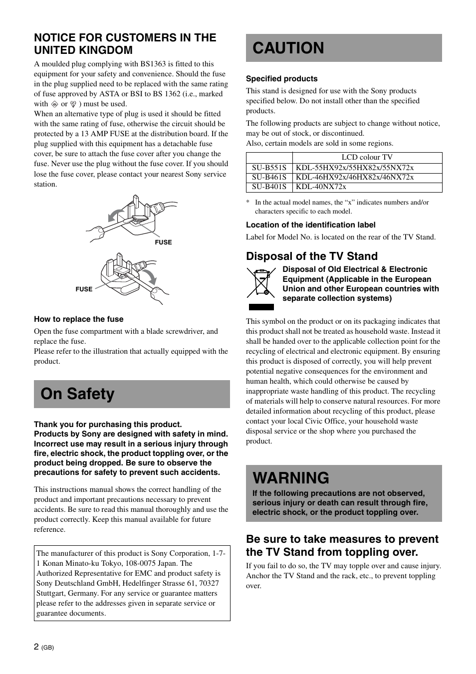 On safety, Caution, Warning | Notice for customers in the united kingdom, Disposal of the tv stand | Sony SU-B461S User Manual | Page 2 / 255