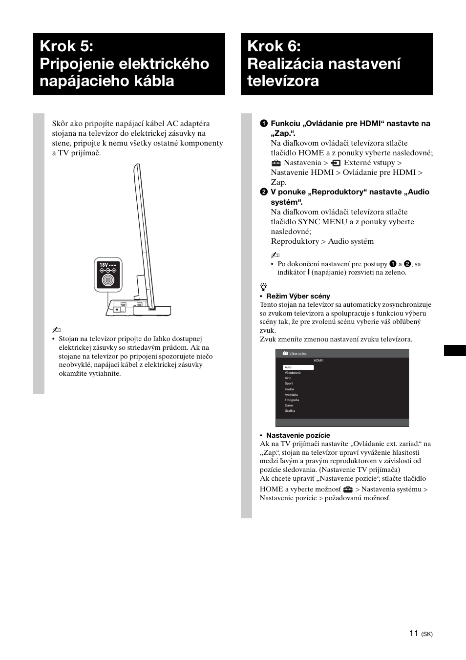 Krok 5: pripojenie elektrického napájacieho kábla, Krok 6: realizácia nastavení televízora | Sony SU-B461S User Manual | Page 205 / 255