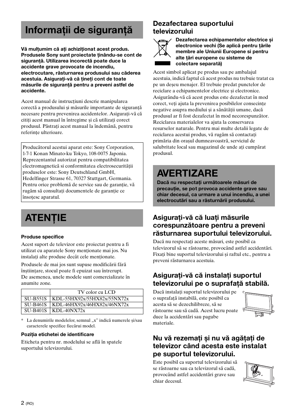 Informaţii de siguranţă, Atenţie, Avertizare | Dezafectarea suportului televizorului | Sony SU-B461S User Manual | Page 208 / 255