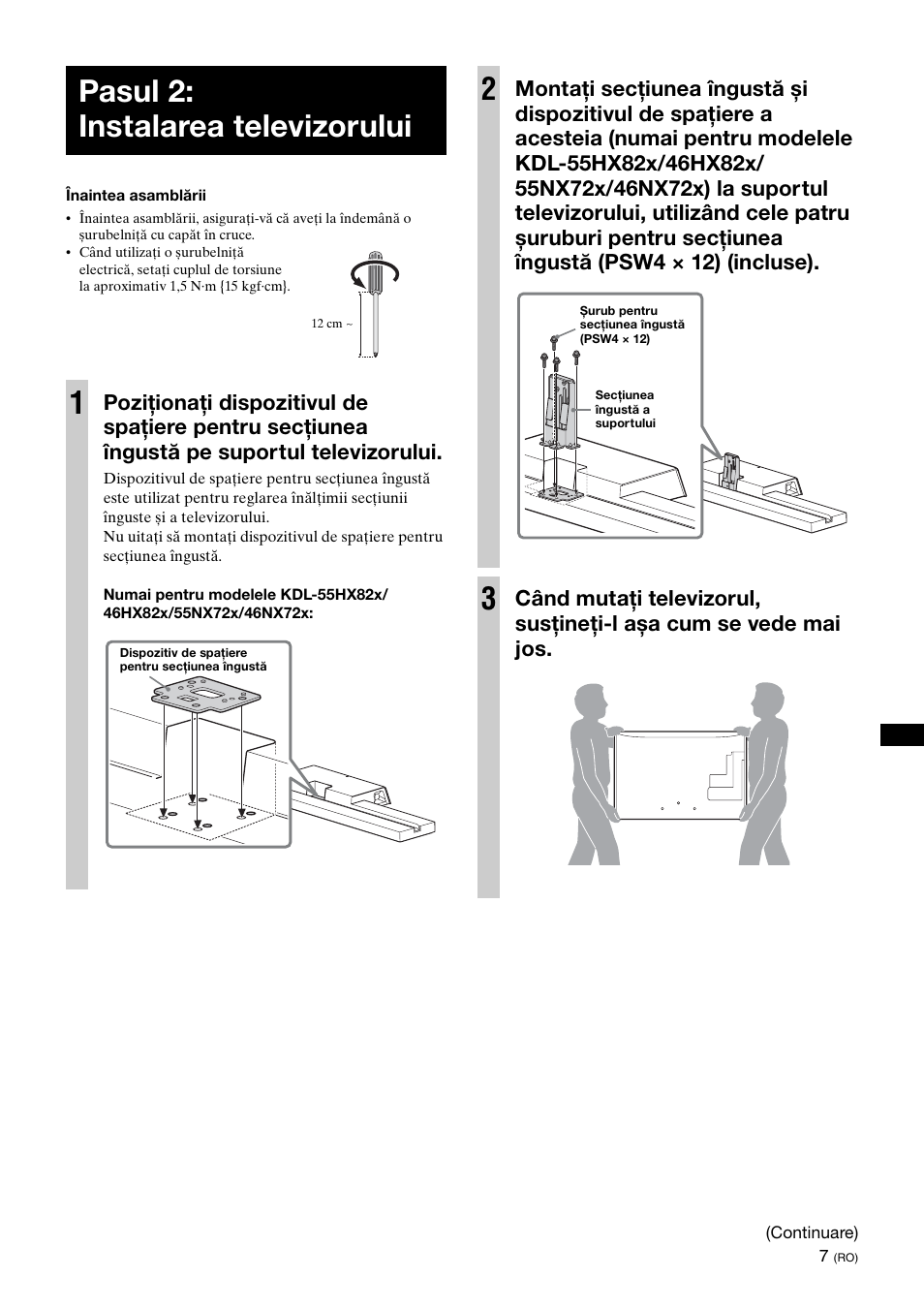 Pasul 2: instalarea televizorului, Pasul 2: instalarea televizorului 1 | Sony SU-B461S User Manual | Page 213 / 255