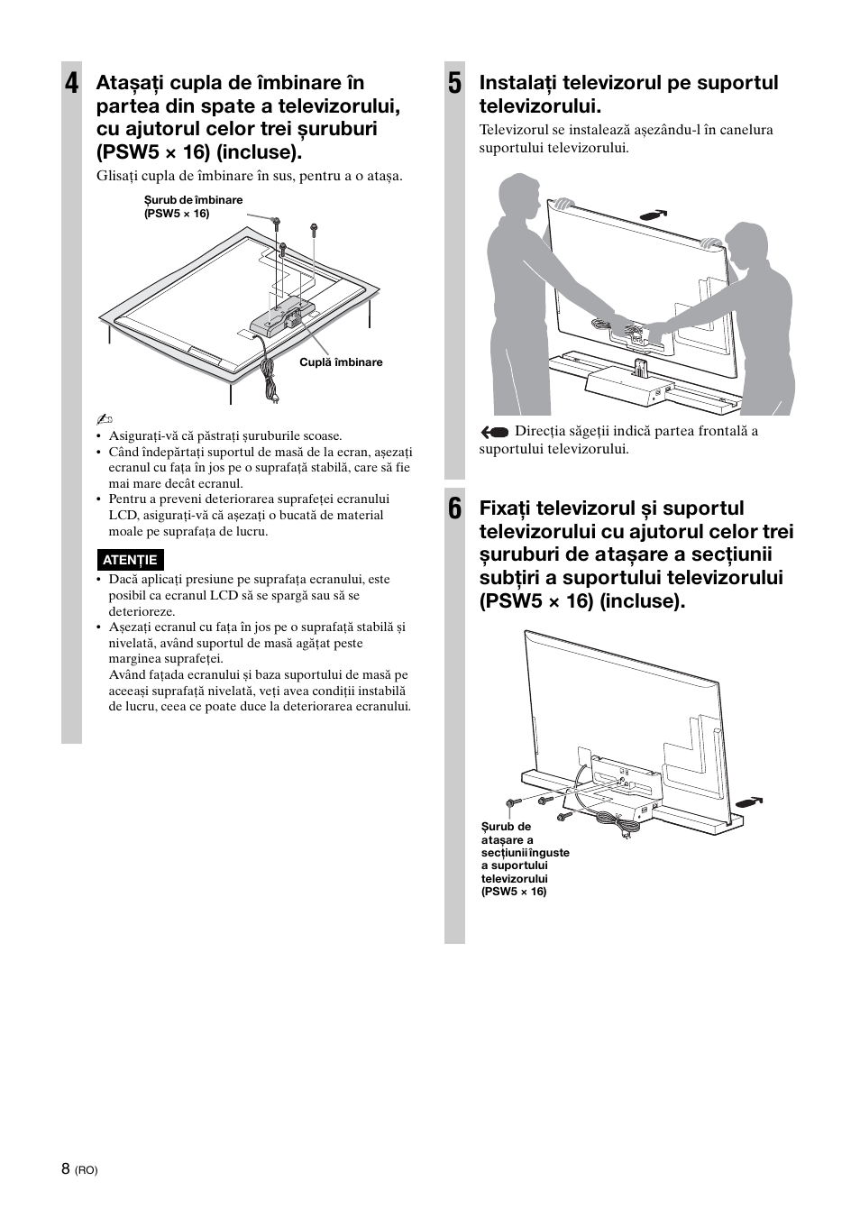 Instalaţi televizorul pe suportul televizorului | Sony SU-B461S User Manual | Page 214 / 255