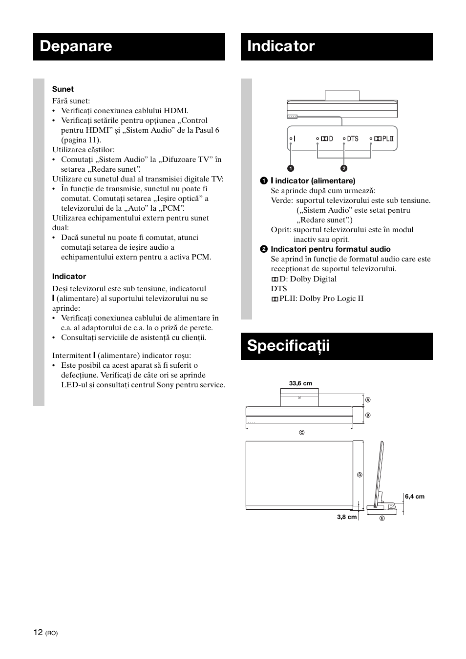 Depanare, Indicator, Specificaţii | Sony SU-B461S User Manual | Page 218 / 255