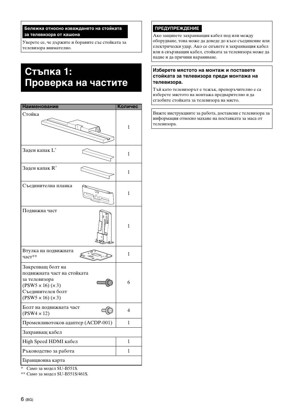 Стъпка 1: проверка на частите | Sony SU-B461S User Manual | Page 224 / 255