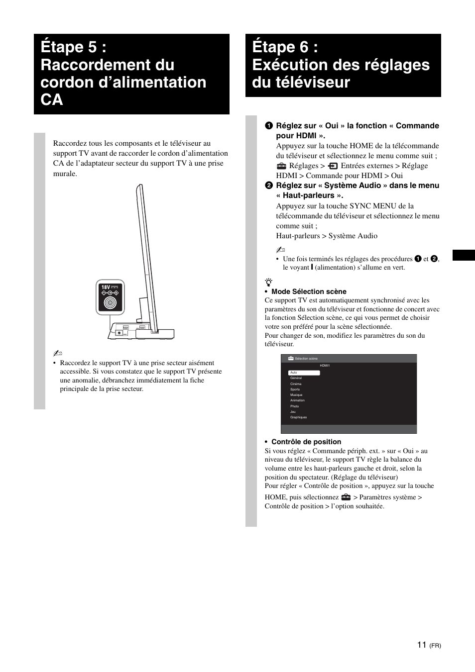 Étape 5 : raccordement du cordon d’alimentation ca, Étape 6 : exécution des réglages du téléviseur | Sony SU-B461S User Manual | Page 23 / 255