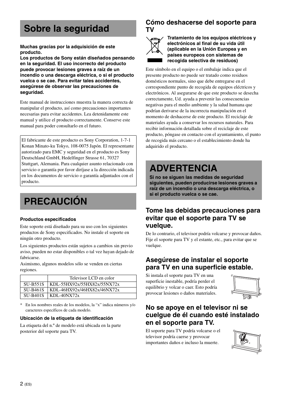 Sobre la seguridad, Precaución, Advertencia | Cómo deshacerse del soporte para tv | Sony SU-B461S User Manual | Page 26 / 255