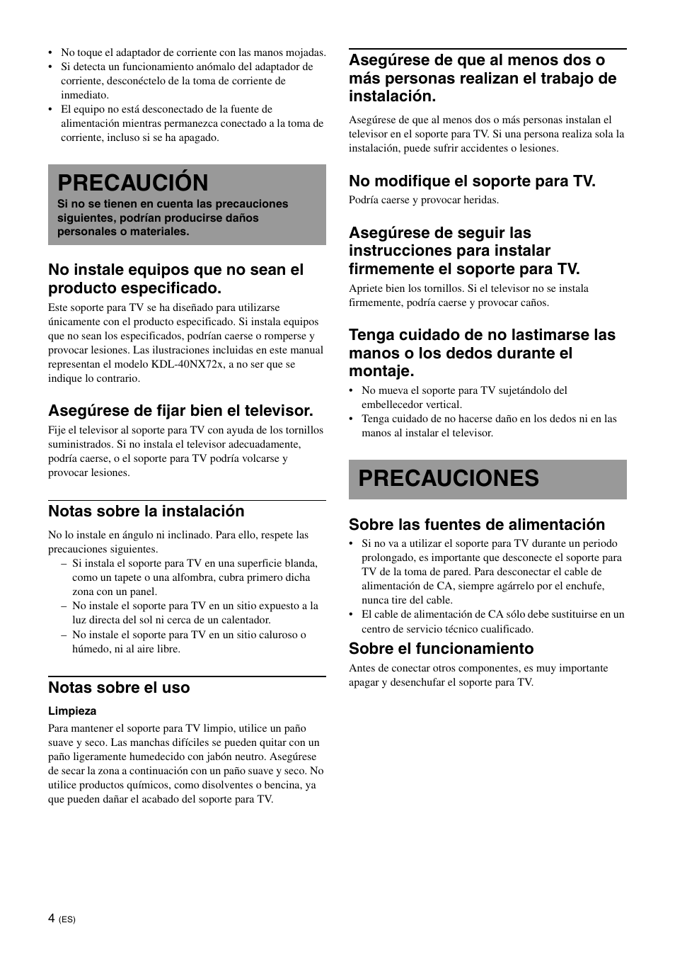 Precaución, Precauciones, Asegúrese de fijar bien el televisor | Notas sobre la instalación, Notas sobre el uso, No modifique el soporte para tv, Sobre las fuentes de alimentación, Sobre el funcionamiento | Sony SU-B461S User Manual | Page 28 / 255