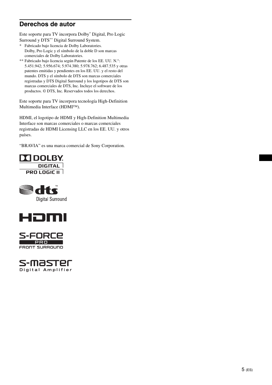 Derechos de autor | Sony SU-B461S User Manual | Page 29 / 255