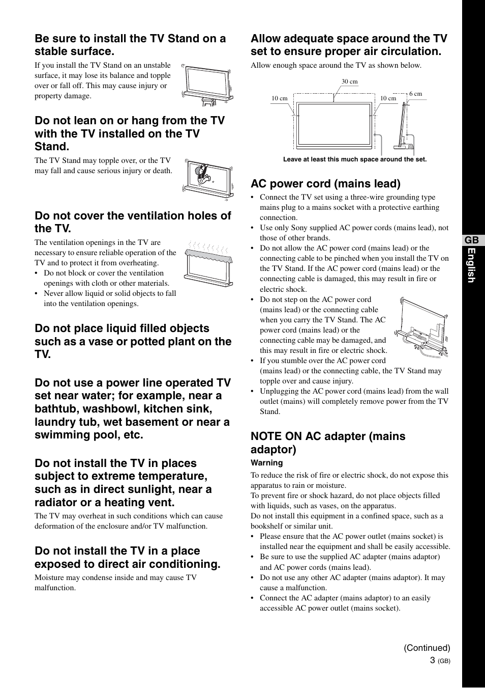 Do not cover the ventilation holes of the tv, Ac power cord (mains lead) | Sony SU-B461S User Manual | Page 3 / 255