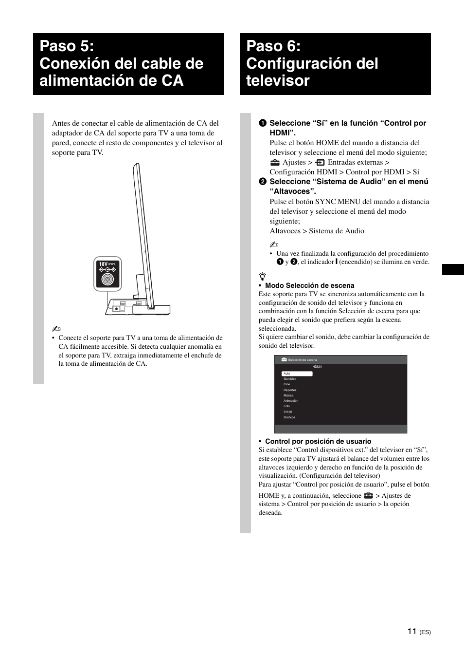 Paso 5: conexión del cable de alimentación de ca, Paso 6: configuración del televisor | Sony SU-B461S User Manual | Page 35 / 255