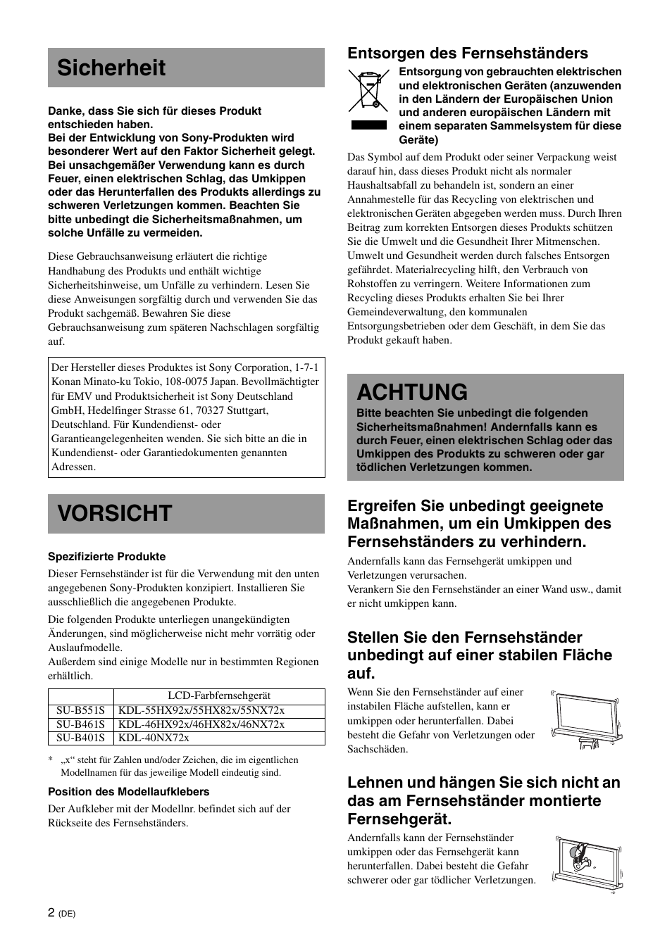 Sicherheit, Vorsicht, Achtung | Entsorgen des fernsehständers | Sony SU-B461S User Manual | Page 38 / 255