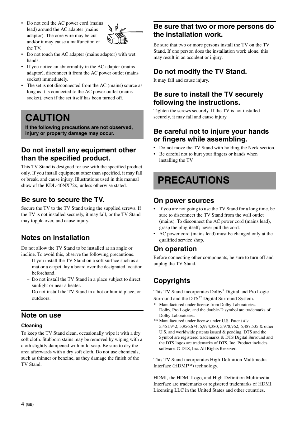 Caution, Precautions, Be sure to secure the tv | Do not modify the tv stand, On power sources, On operation, Copyrights | Sony SU-B461S User Manual | Page 4 / 255