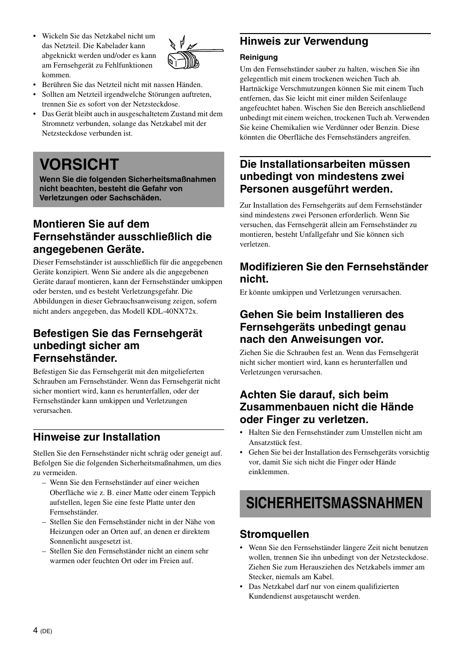 Vorsicht, Sicherheitsmassnahmen, Hinweise zur installation | Hinweis zur verwendung, Modifizieren sie den fernsehständer nicht, Stromquellen | Sony SU-B461S User Manual | Page 40 / 255