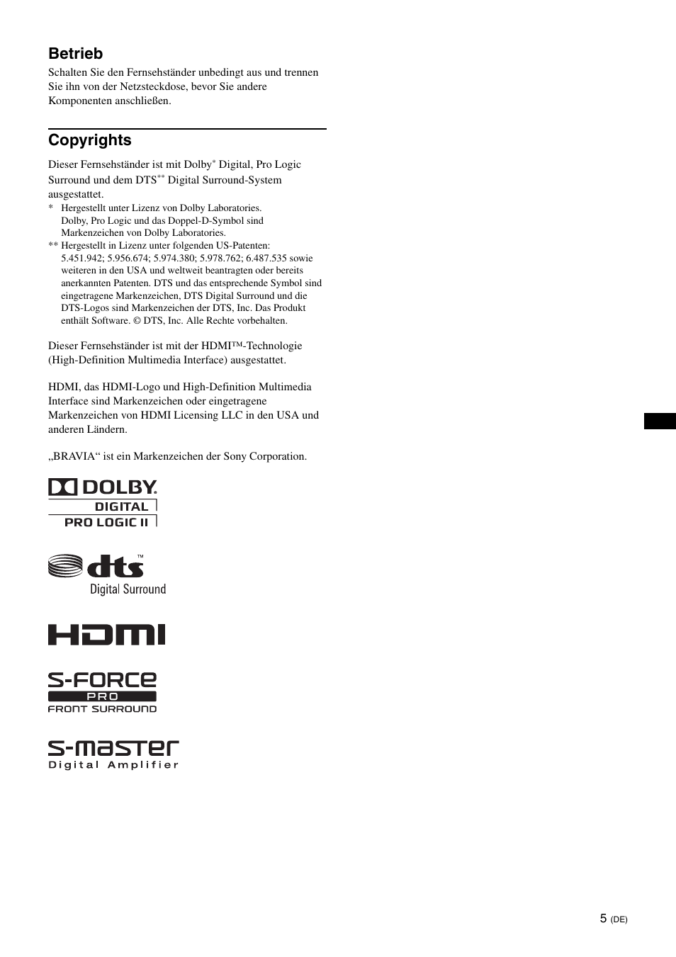 Betrieb, Copyrights | Sony SU-B461S User Manual | Page 41 / 255