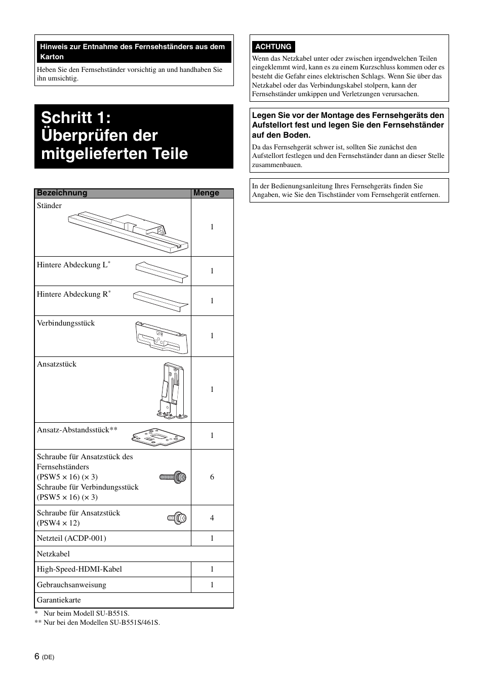 Schritt 1: überprüfen der mitgelieferten teile | Sony SU-B461S User Manual | Page 42 / 255