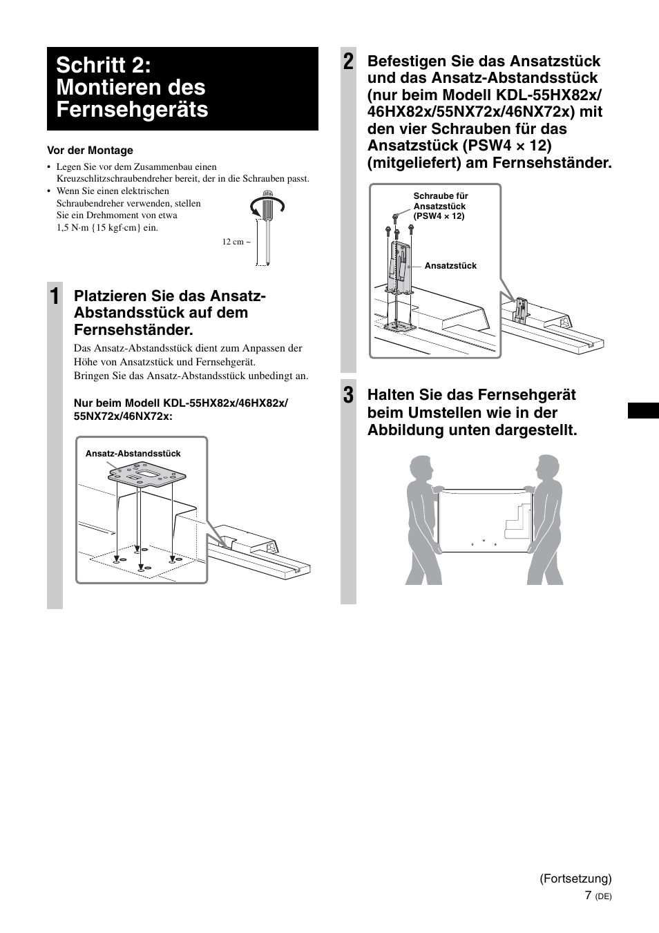 Schritt 2: montieren des fernsehgeräts, Schritt 2: montieren des fernsehgeräts 1 | Sony SU-B461S User Manual | Page 43 / 255